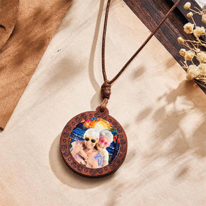 Custom Photo Stained Glass Background Personalized Wooden Necklace