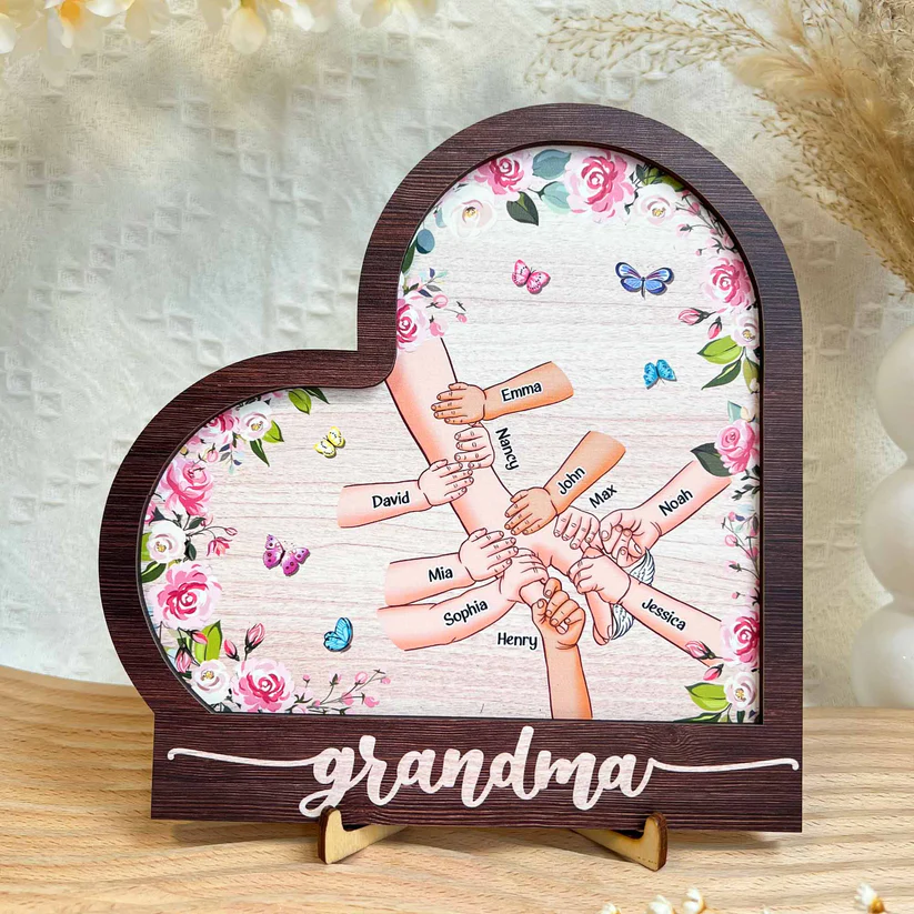 Personalized Grandma Holding Hand With Grandkids Heart Shaped Wooden Plaque