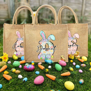 Personalized Cute Bow Easter Bunny Initial Jute Tote Bag, For Holding Easter Eggs Birthday Easter Party Gift for Kids