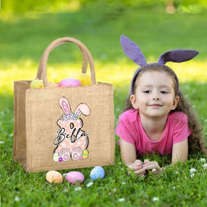 Personalized Cute Bow Easter Bunny Initial Jute Tote Bag, For Holding Easter Eggs Birthday Easter Party Gift for Kids