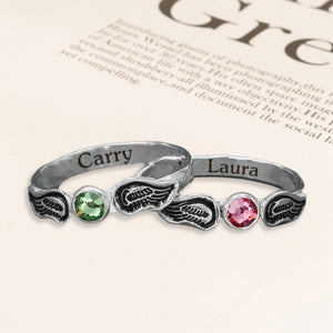 For Memorial - Personalized Name Birthstone Angel Wing Ring