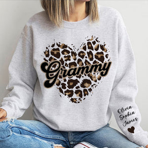 Personalized Sweatshirt Sleeve Kid Names With Grandma Heart Leopard Pattern