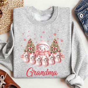 Pink Themed Snowman Grandma With Cute Little Kids Personalized Christmas Sweatshirt