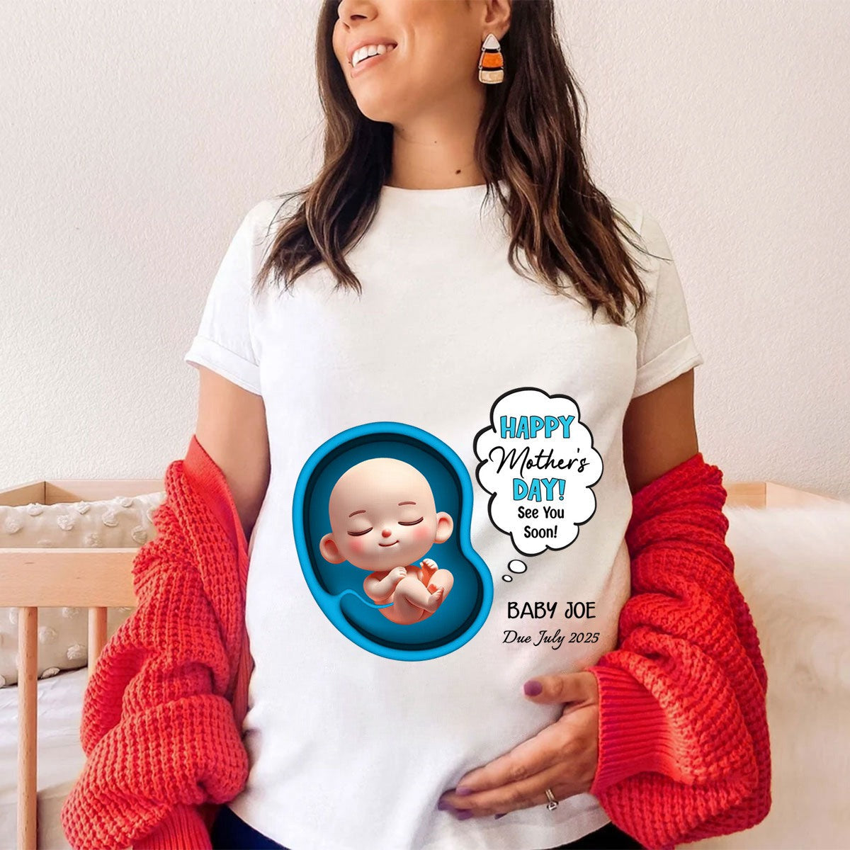 Mommy See You Soon From Baby - Happy Mother's Day Personalized Pure Cotton T-Shirt, Custom Pregnancy Reveal Shirt Gift For Expecting Moms