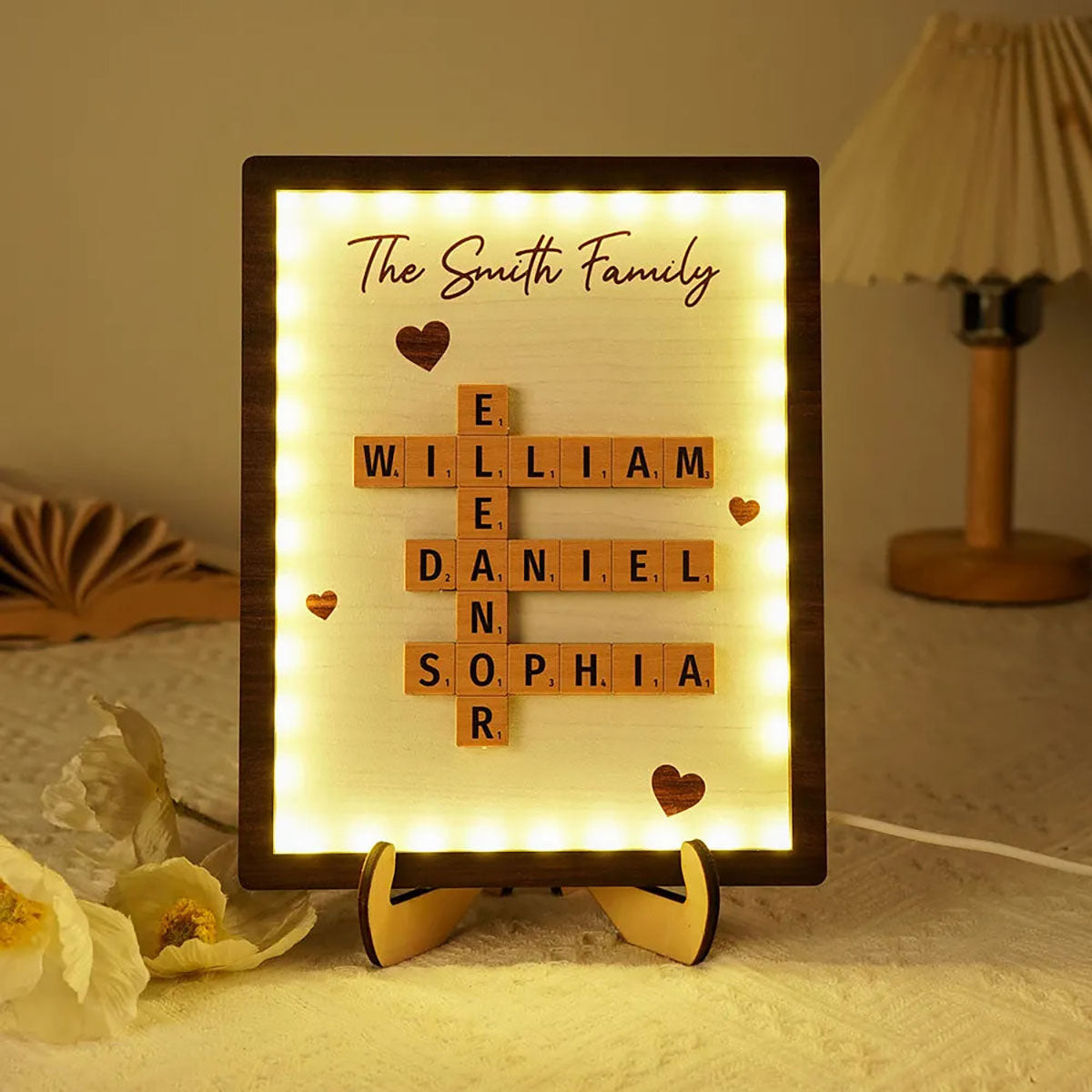 Personalized Family LED Plaque – 2-Layer Wooden Family Crossword Art – Deal Gift for Families