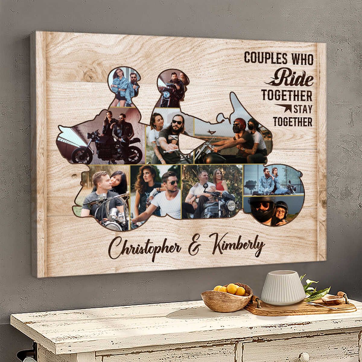 Personalized Motorcycle Couple Canvas, Custom Biker Couple Photo Collages