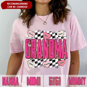 Personalized Retro Checkered Nana With Heart Grandkids Pure Cotton T-Shirt