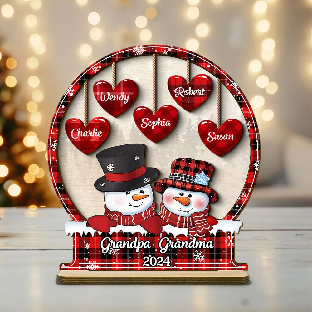 Snowman Papa Nana Heart Kids Snowball Christmas Decor - Personalized 2-Layered Wooden Plaque