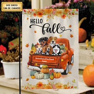 Hello Fall Dogs On Truck Personalized Garden Flag