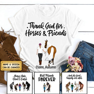 Personalized Pure Cotton T-shirt - Thank God for Horses & Friends - Gift for Horse Lovers