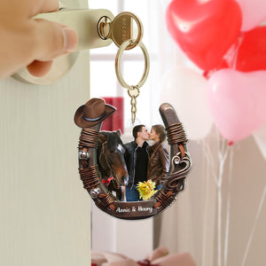 Custom Photo For Couple Love Horse Riding Personalized Horseshoe shape Acrylic Keychain