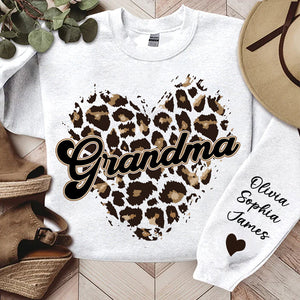 Personalized Sweatshirt Sleeve Kid Names With Grandma Heart Leopard Pattern