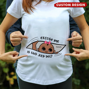 Excuse Me Is It Yet - Personalized Pure Cotton T-Shirt, Custom Pregnancy Reveal Shirt Gift For Expecting Moms