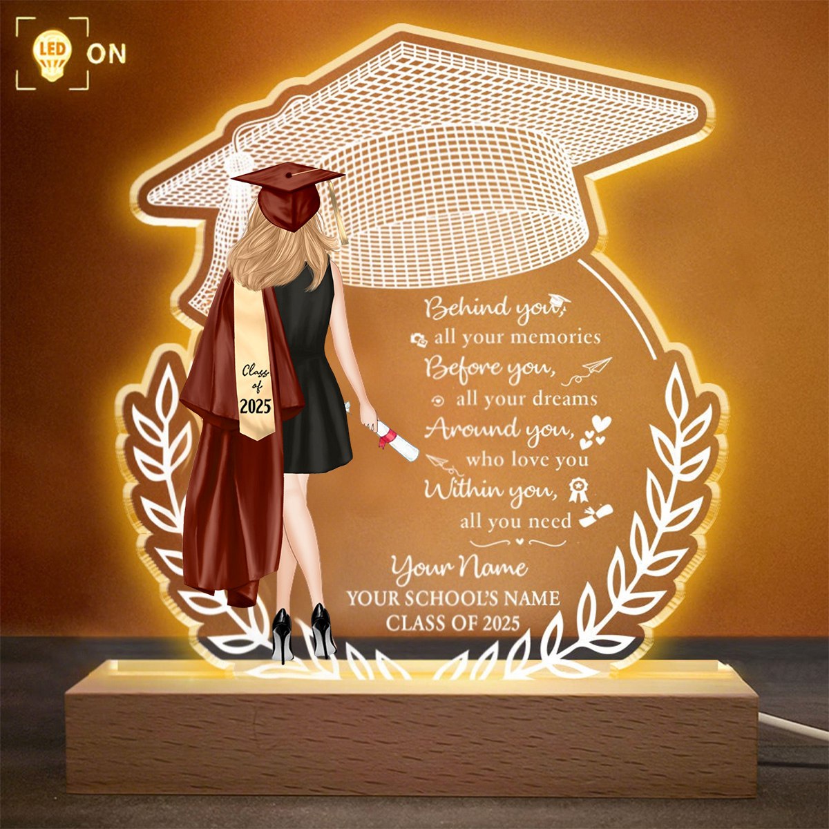 Personalized LED Light For Her Personalized Acrylic Plaque High School College Graduation Gift