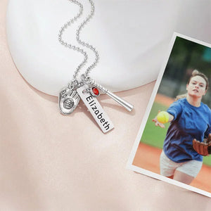 Personalized Birthstone Softball Baseball Bat Glove Necklace with Engraved Name Game Day Team Birthday Gift for Sports Lover