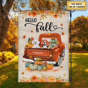 Hello Fall Dogs On Truck Personalized Garden Flag