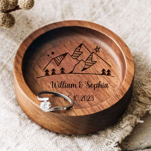 Personalized Round Wood Ring Dish, Engagement Ring Holder, Wedding Ring Dish