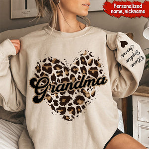 Personalized Sweatshirt Sleeve Kid Names With Grandma Heart Leopard Pattern