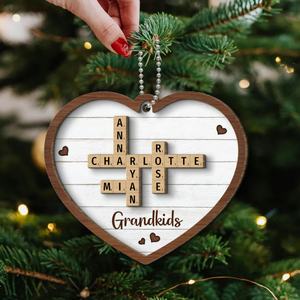 Grandkids Crossword Puzzle Art Personalized Heart Shaped 2-Layer Wooden Ornament