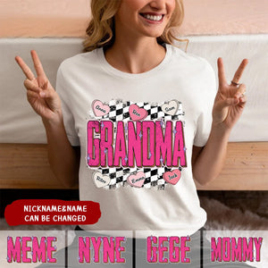 Personalized Retro Checkered Nana With Heart Grandkids Pure Cotton T-Shirt