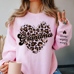 Personalized Sweatshirt Sleeve Kid Names With Grandma Heart Leopard Pattern