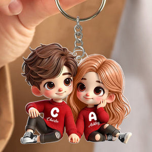 Cute Couple Sitting Together Personalized Acrylic Keychain,Gift for him, her