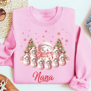 Pink Themed Snowman Grandma With Cute Little Kids Personalized Christmas Sweatshirt