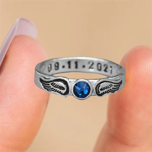 For Memorial - Personalized Name Birthstone Angel Wing Ring