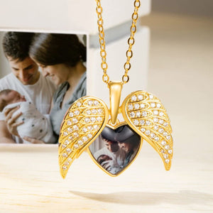 Personalized Heart Shaped Angel Wings Photo Memorial Necklace