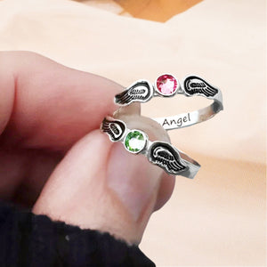 For Memorial - Personalized Name Birthstone Angel Wing Ring