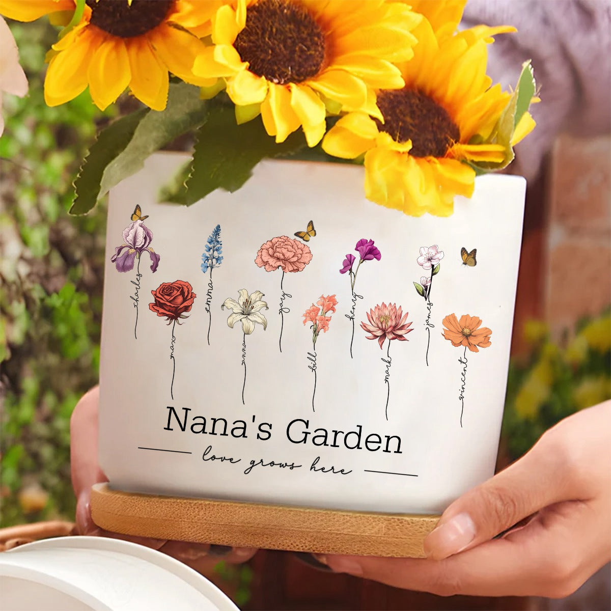 Personalized Grandma's Garden Plant Pot with grandkids names and birth flowers