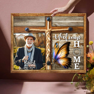 Personalized Memorial Photo Welcome Home Butterfly Cross Canvas Poster