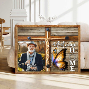 Personalized Memorial Photo Welcome Home Butterfly Cross Canvas Poster