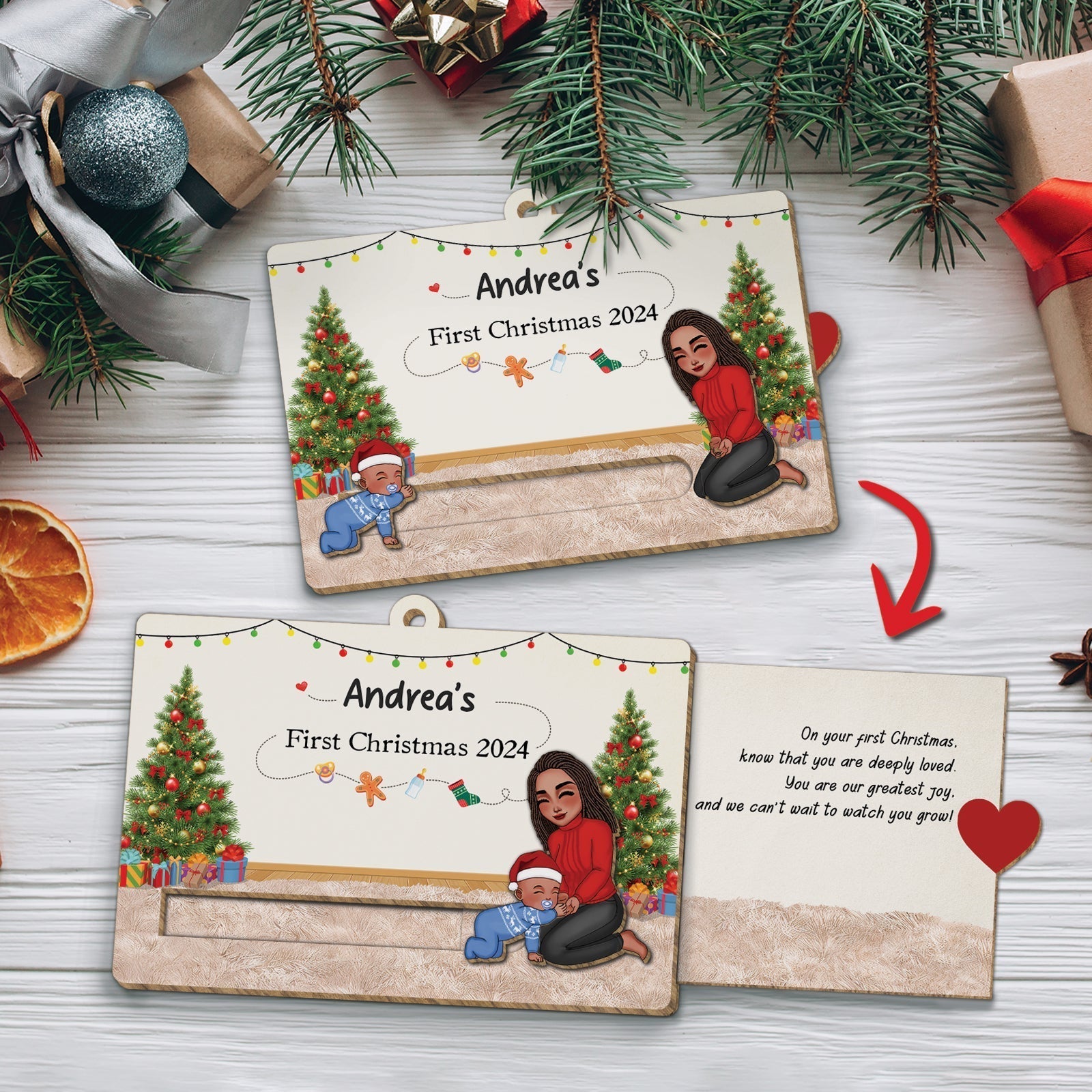 Baby's First Christmas 2024 - Personalized Family Wooden Slider Card Ornament