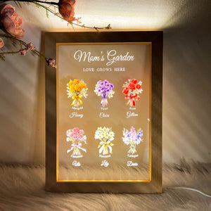 Mom's Garden Birth Month Flower Bouquet Customized LED Light With Wooden Frame