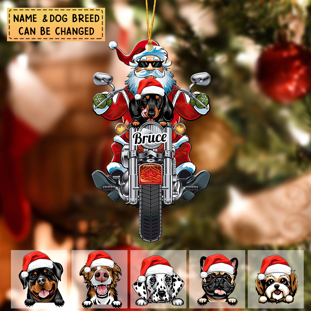 Personalized Christmas Motorcycle Santa And Dog Acrylic Ornament