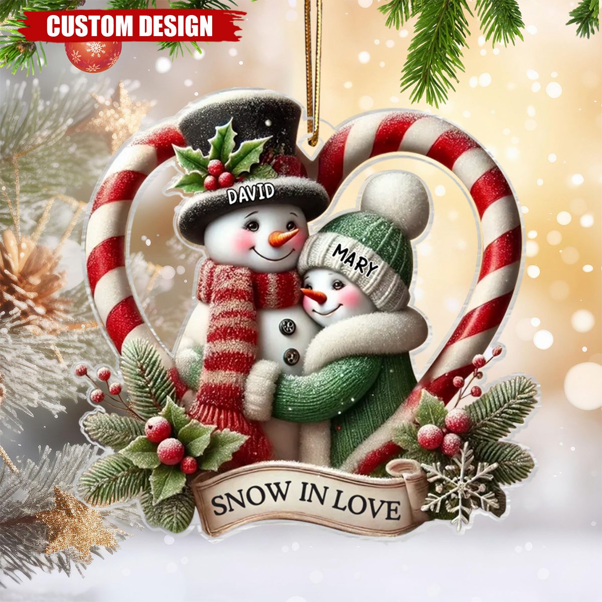 Snowman Couple First Christmas - Candy Cane Heart Personalized Acrylic Ornament