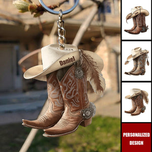 Cowboy Cowgirl Hat & Boots - Personalized Christmas Keychain