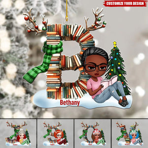 Reading Girl With Custom Alphabet Letter Christmas Gifts - Stack Book Ornament