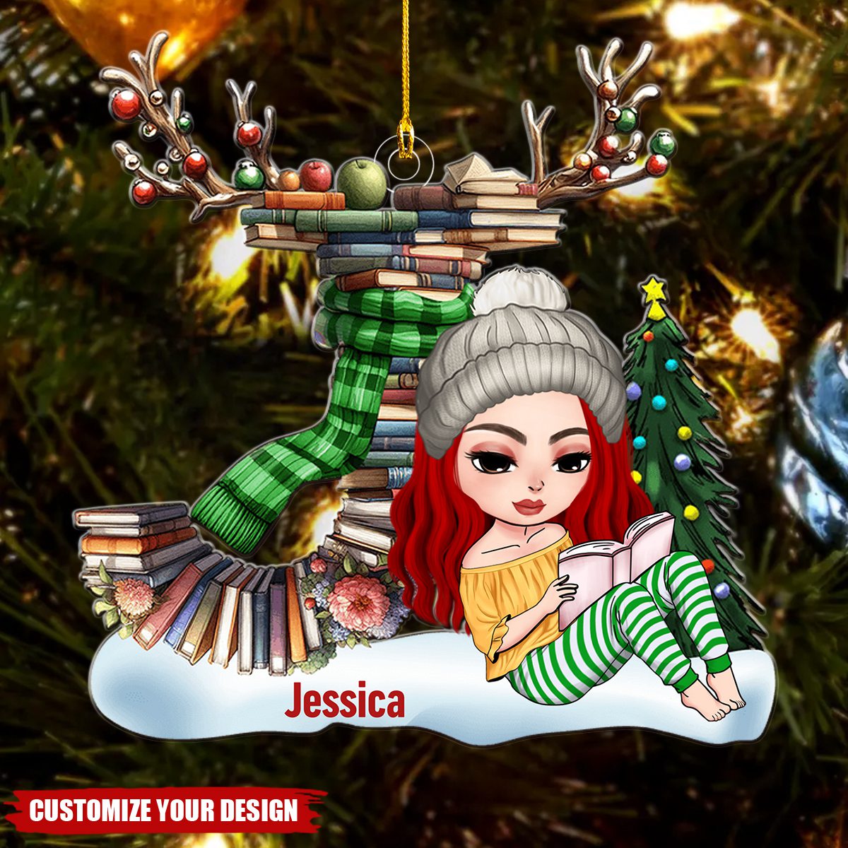 Reading Girl With Custom Alphabet Letter Christmas Gifts - Stack Book Ornament