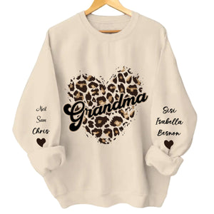 Personalized Sweatshirt Sleeve Kid Names With Grandma Heart Leopard Pattern