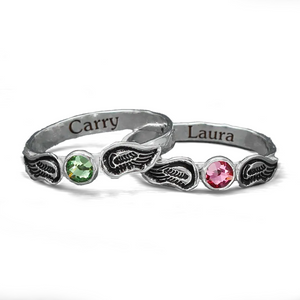 For Memorial - Personalized Name Birthstone Angel Wing Ring