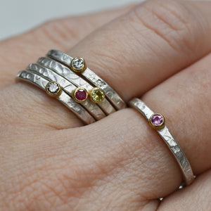 Personalized Flower Tiny Birthstone Stacking Ring - Mothers Rings