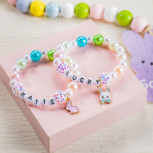 Personalized Cute Pearl Beaded Stretch Name Bracelet with Bunny Charm Easter Gift for Kids