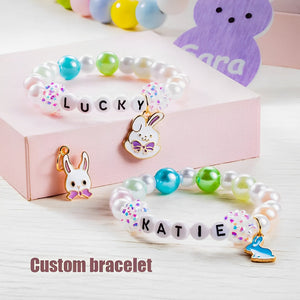 Personalized Cute Pearl Beaded Stretch Name Bracelet with Bunny Charm Easter Gift for Kids