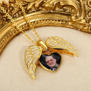 Personalized Heart Shaped Angel Wings Photo Memorial Necklace