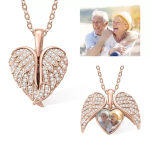 Personalized Heart Shape Angel Wing Photo Locket Necklace Anniversary Birthday Gift for Women