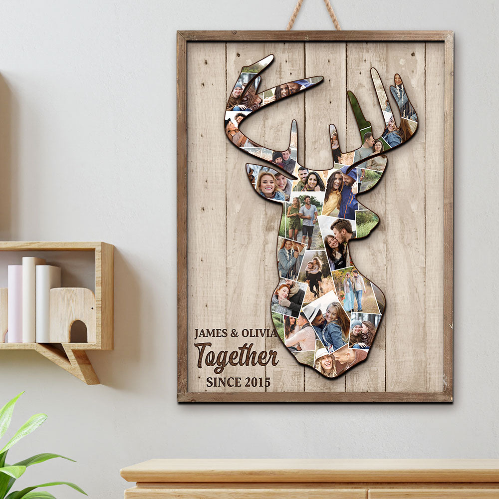 Custom Deer Couple Photo Collage Canvas, Personalized Gift For Couple