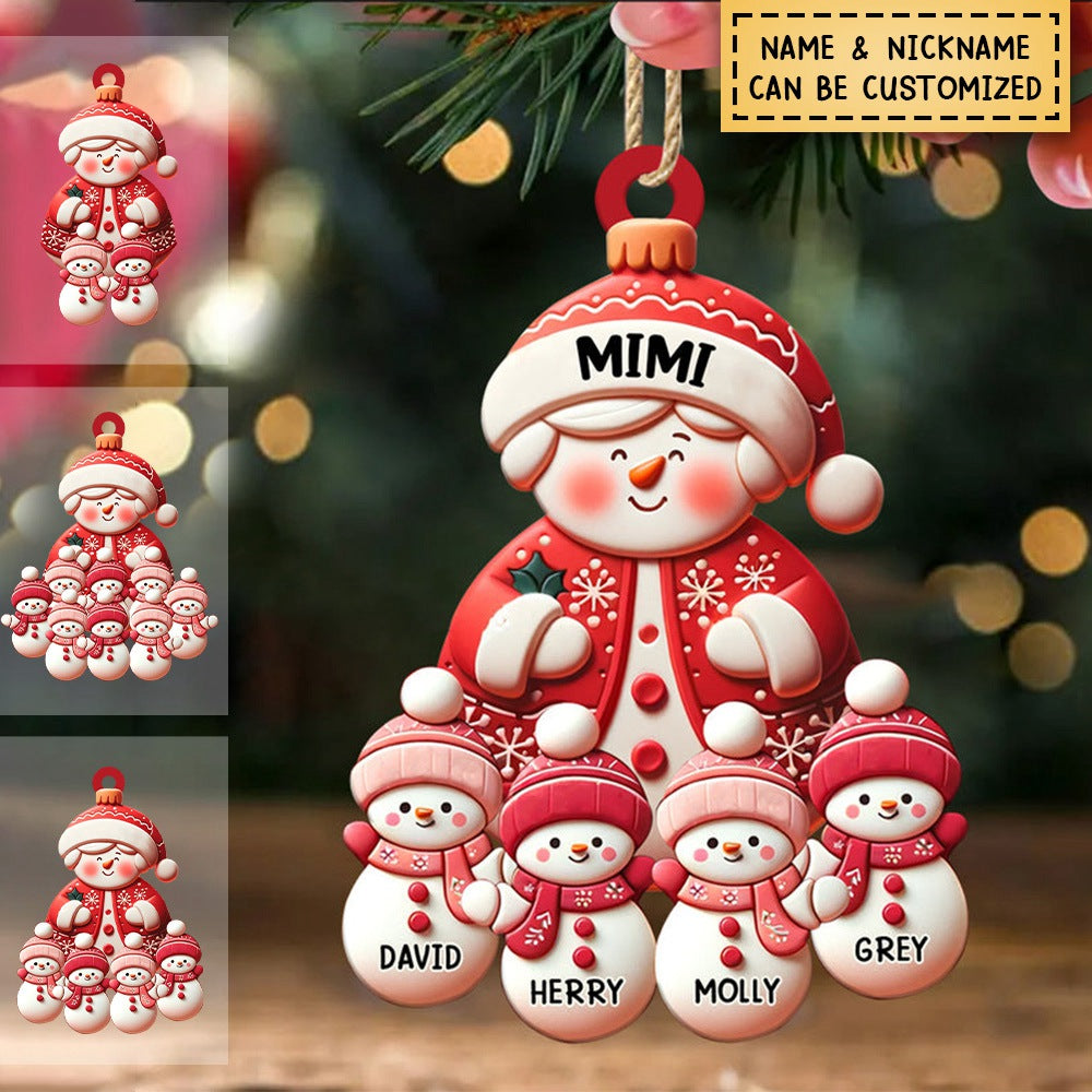 Christmas Red Themed Grandma Snowman With Little Snowman Kids Personalized Acrylic Ornament