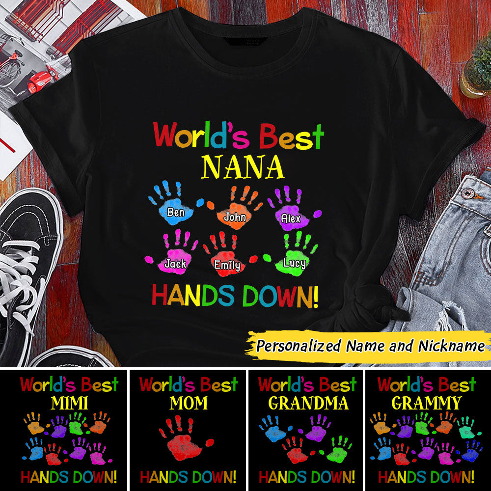 Colorful Handprint Kids World's Best Grandma Mom Hands Down Personalized T-Shirt